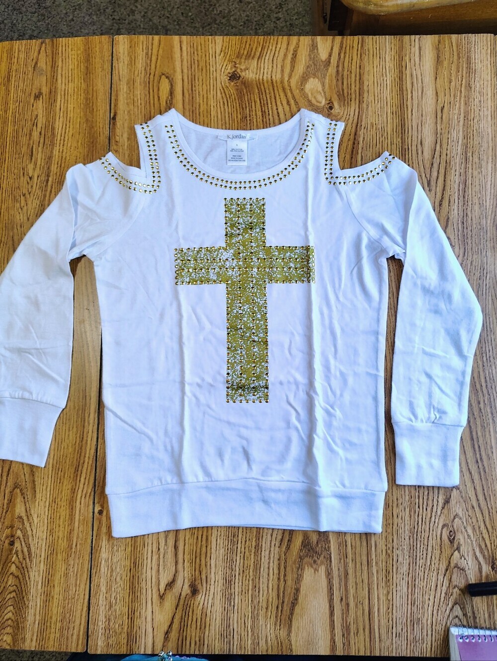 NWOT Top blouse Western Off Shoulder K.jordan white gold studs Cotton Casual S. - Picture 3 of 14